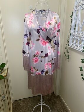 Victoria's Secret Pink & Lavender Floral Satin Wrap Dress with Fringe
